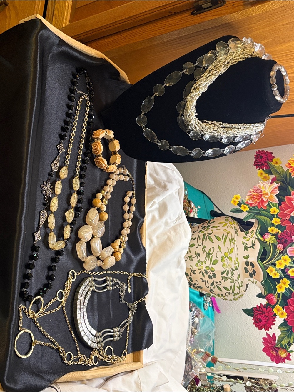 Mixed Costume Jewelry Necklace & Bracelet Set in Black, Cream, Gold